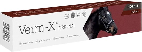 Een kartonnen doos met Verm-X Original voor paarden, met een afbeelding van het hoofd van een zwart paard.