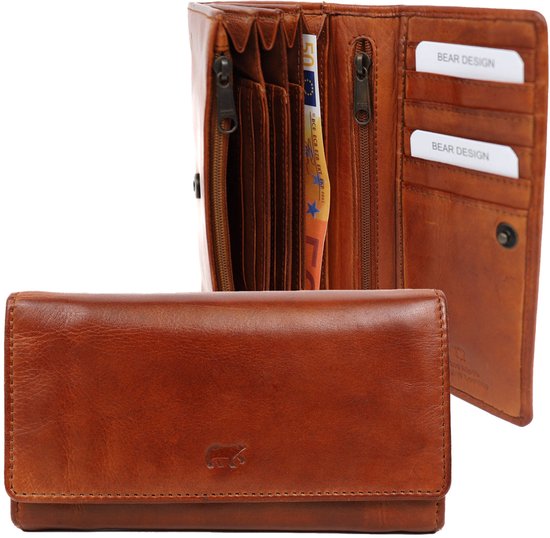 Bear Design Cow Lavato Leren Dames Portemonnee - Cognac