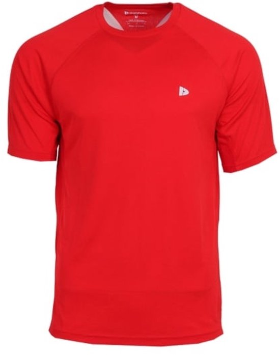 Herensportshirt in het rood, korte mouwen, rond hals en klein logo op de borst.