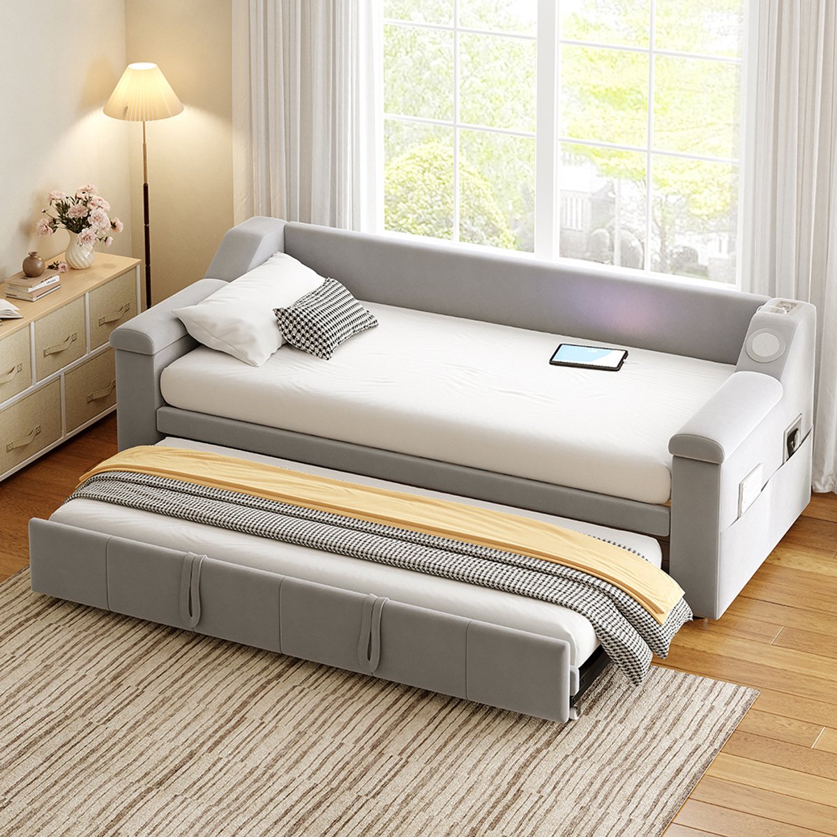 BLACKCOLORS Gestoffeerde slaapbank, 90/180*190 cm, brede en dikke armleuningen, met slim Bluetooth-stereosysteem en USB-poort, met opbergvakken, met lattenbodem, fluweelstof, lichtgrijs