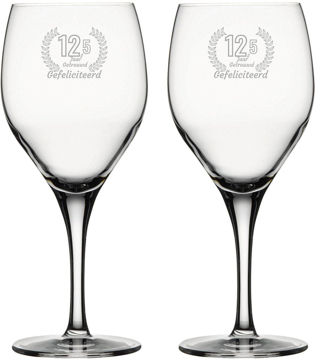 Gegraveerde set rode wijnglazen 42,5cl Gefeliciteerd 12,5 jaar getrouwd