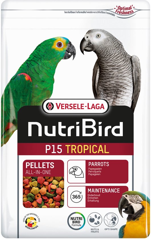 Verpakking NutriBird P15 Tropical met een groene en grijze papegaai, en een blauw-gele ara.