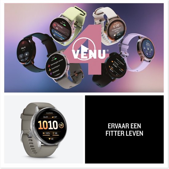 Collage van Garmin smartwatches in verschillende kleuren: zwart, lichtgroen, crème, paars en grijs. Sommige tonen de tijd, hartslag en batterijstatus.