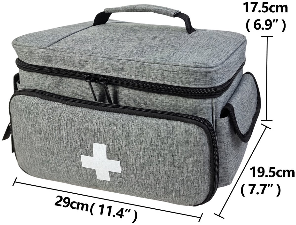 Kleine EHBO-doos - EHBO-doos voor thuis - Waterdicht - Noodpakket - Met medicijndoos en handvat - Geschikt voor thuis, kantoor en op reis - Zonder medicijnen - 29*19.5*17.5 cm - Grijs