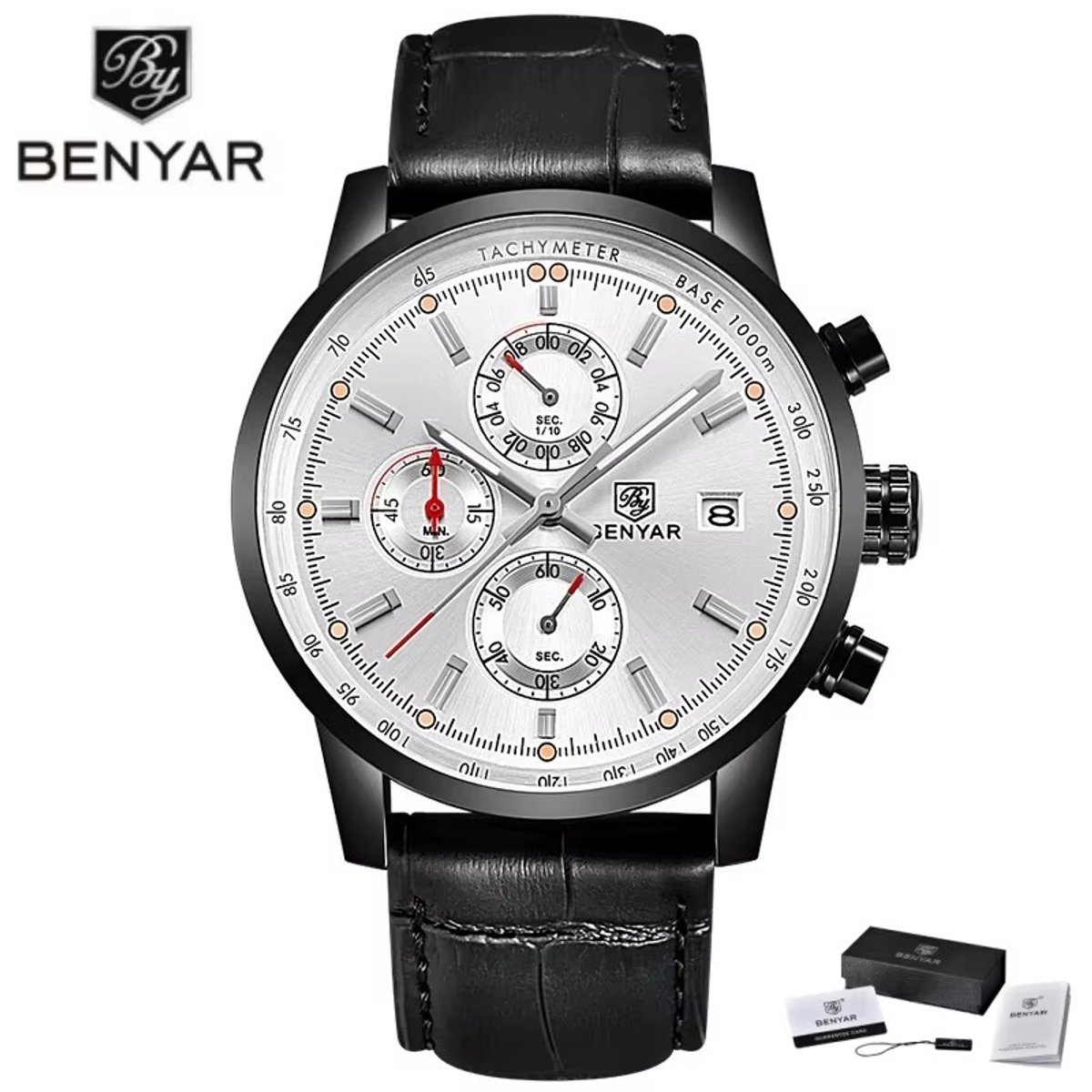 BENYAR Horloge BY-5102 - Zwart-Wit - Heren - Quartz - Chronograaf - Lederen Band - Luxe - Stijlvol