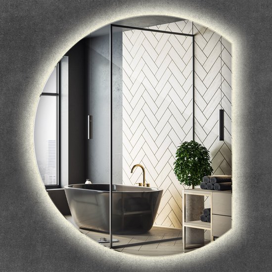Miroir LED Wallfluent - Miroir LED rond à bordure - 84 cm x 100 cm - Grand miroir mural décoratif - Miroir de salon - Miroir de salle de bain - Miroir de couloir - Miroir de chambre - Wit neutre 4000 K - Miroir de Maquillage éclairé - Miroir moderne