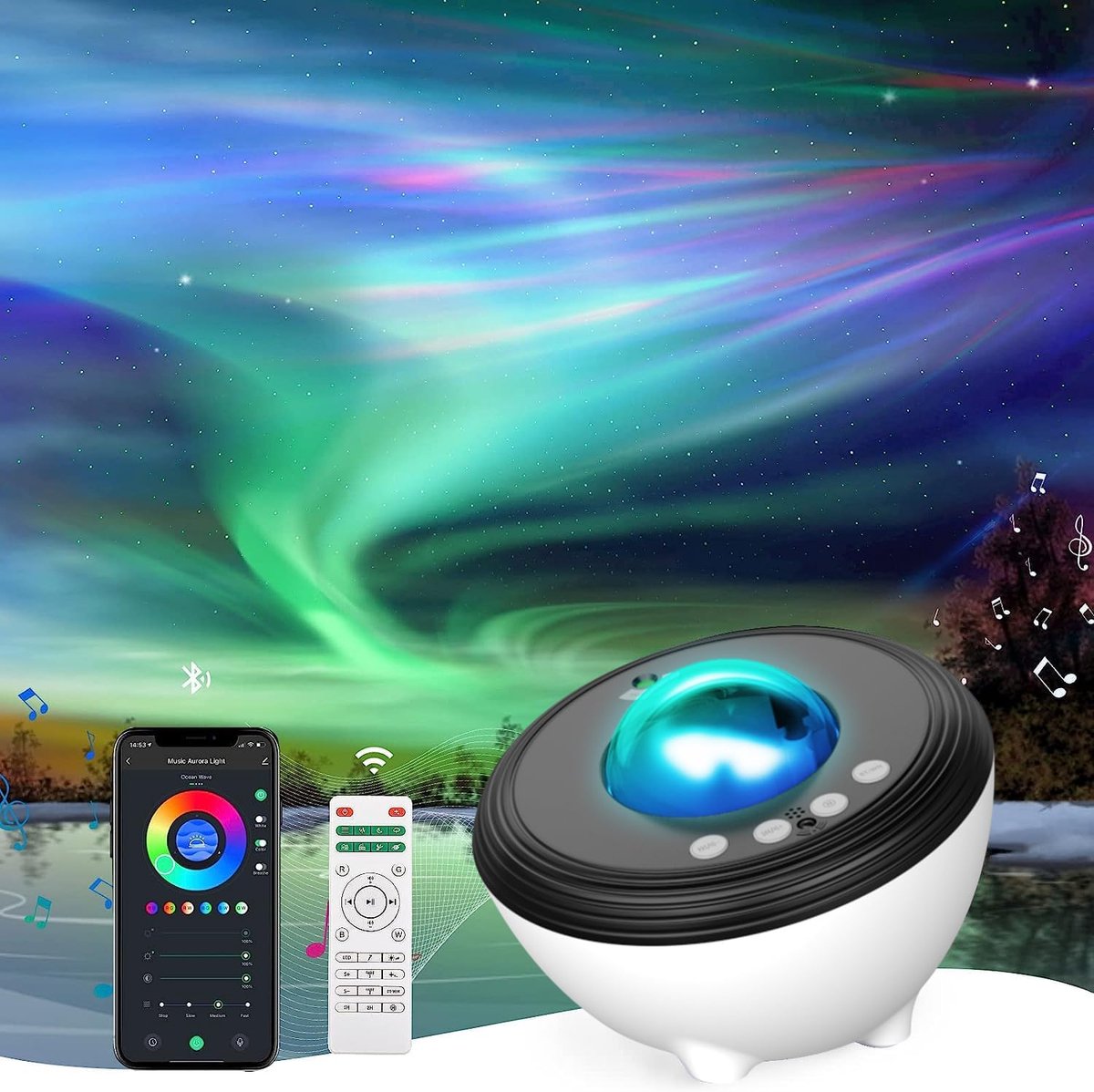 Sterrenprojector, Galaxy-projector met 33 lampen, slimme wifi Aurora-lampprojector met Bluetooth-luidspreker, 8 witte geluidsmachine, IR-afstandsbediening, timer nachtlampje voor