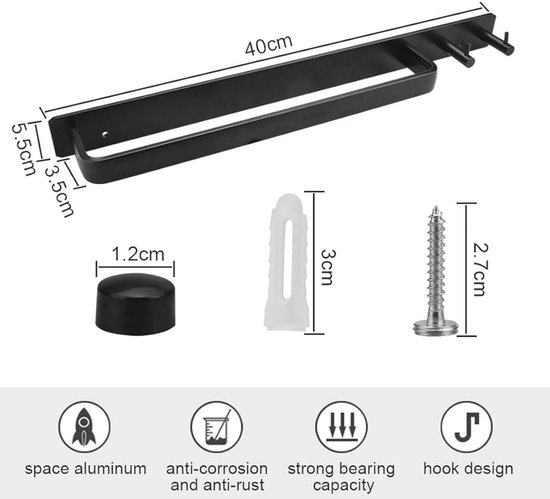 Handdoek houder Slim 250mm zwart PDC