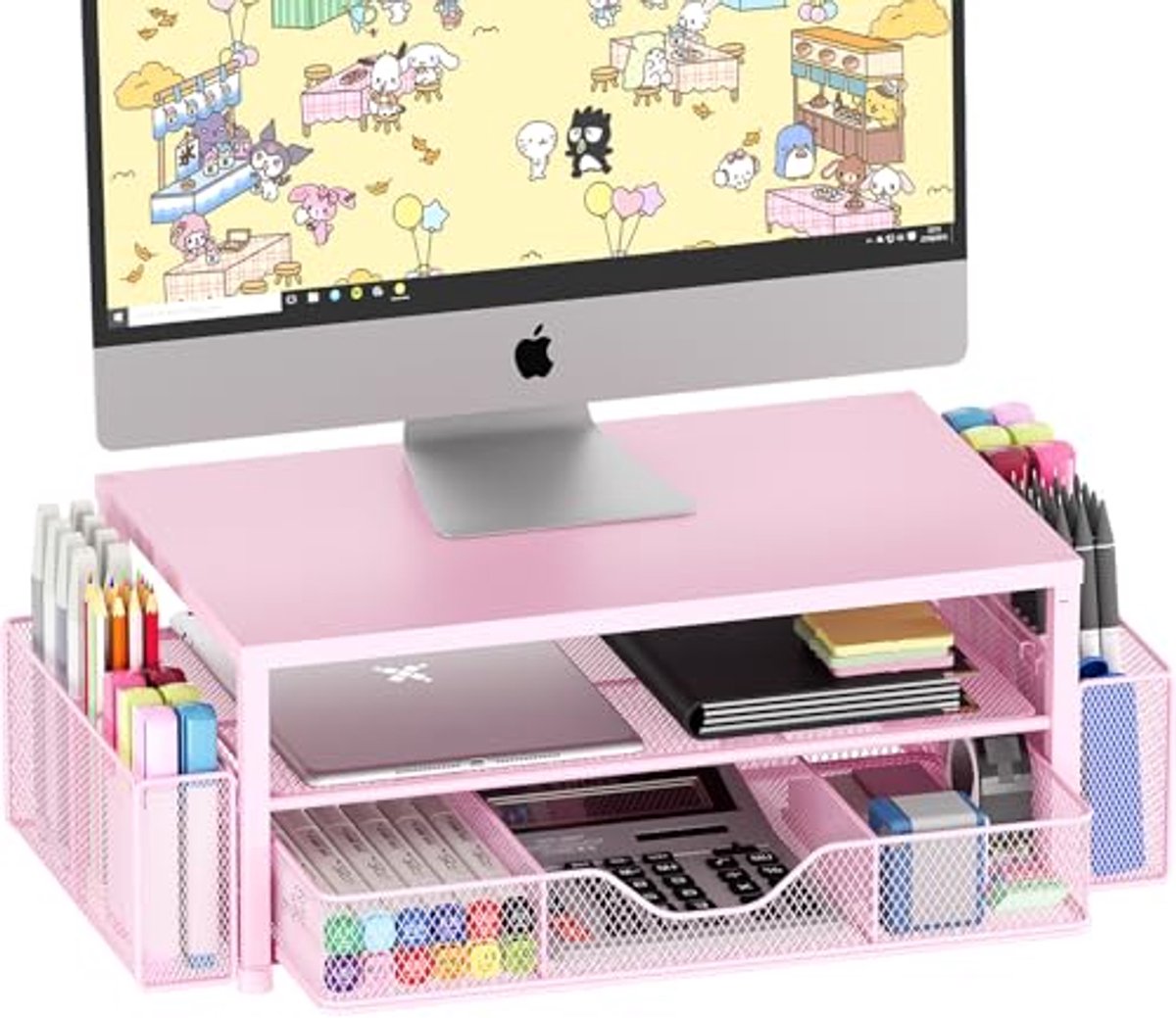 Image of 2-laags computermonitorstandaard met lade en pennenhouders voor bureau-organizers