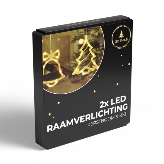 Doos met 2 LED raamverlichting, kerstboom en kerstbel, warm wit.