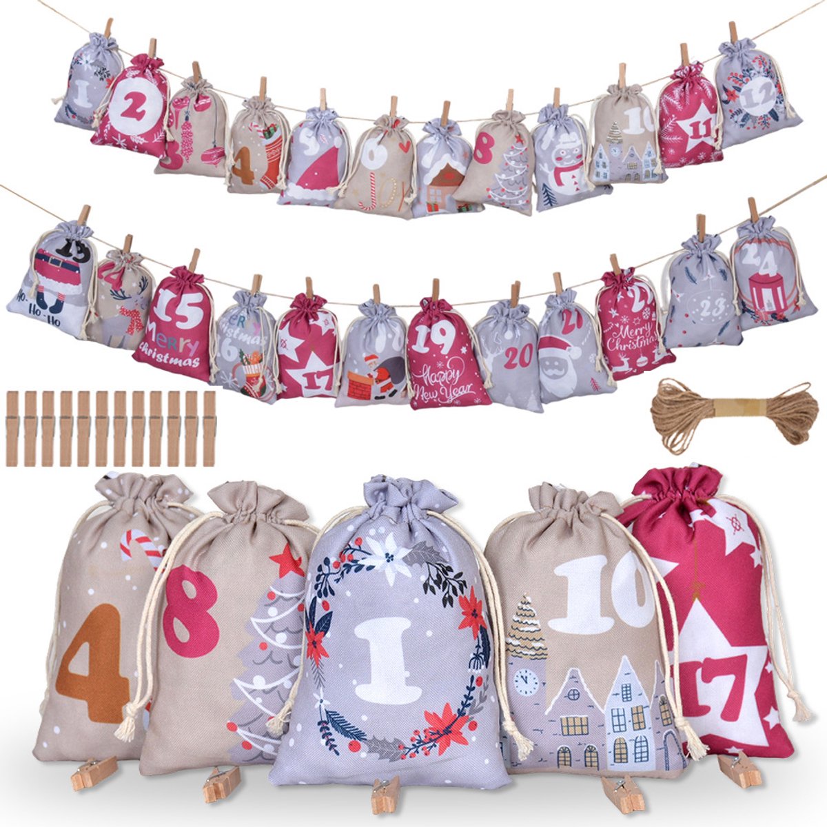 Calendrier De L'Avent 2025 à Remplir - 24 Sachets En Toile De Jute 15x10 Cm Avec Ficelle - 7