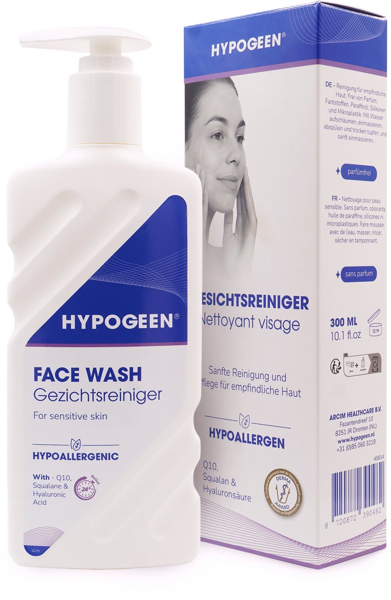 Hypogeen Facewash - PH-neutraal - parfumvrij - licht schuimend - reinigingsgel gezicht - hypoallergene gezichtsfoam - hydraterend - cleansing gel voor gevoelige en droge huid - reinigingsmousse - gezichtsreiniging - pompflacon 300ml