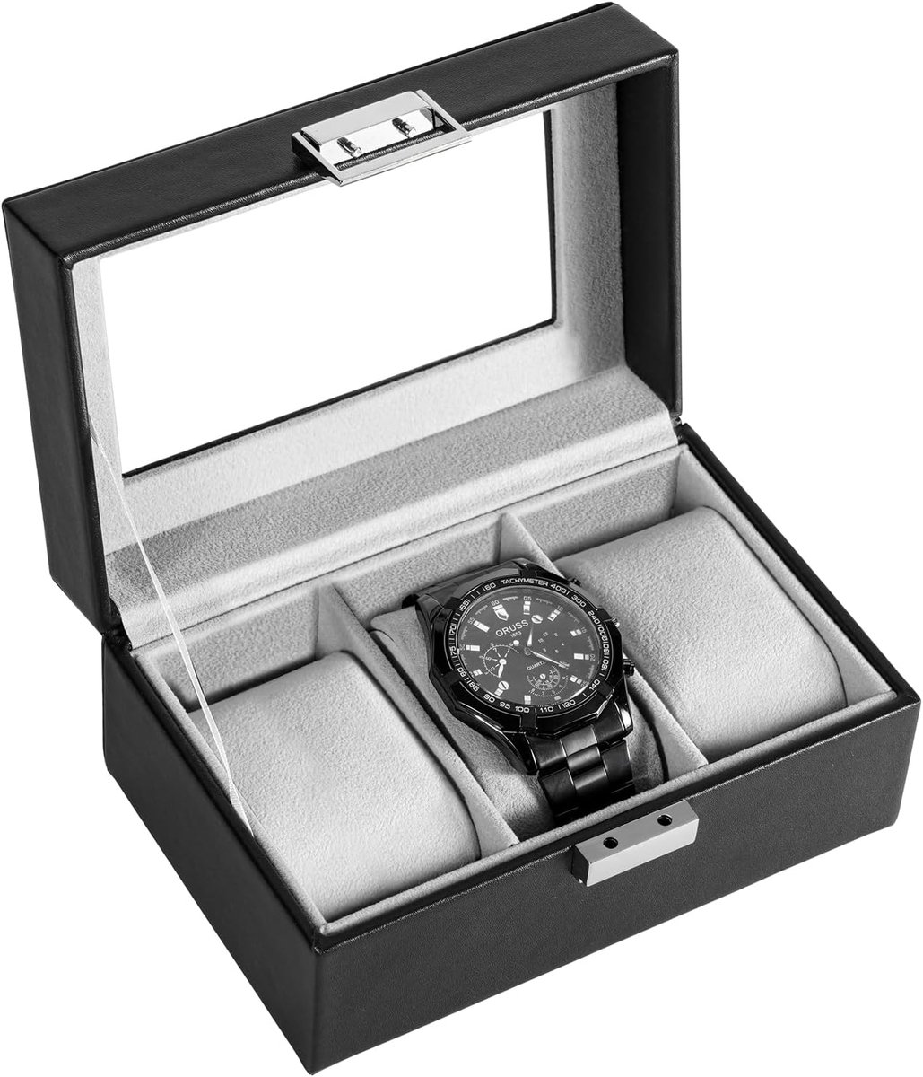 Schokbestendige horlogedoos, voor heren met 3 vakken, kussens, horloge-opslag, met glazen deksel, voor horlogemakerijliefhebbers, zwart
