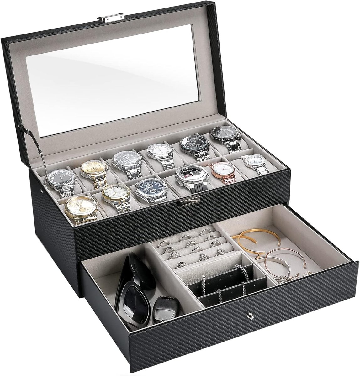 2 lagen horlogebox sieradenhorloge opbergdoos met glazen deksel, horlogekast, sieradenkistje, horlogekoffer, 12 vakken en 1 lade voor horloges, ringen, armbanden, zwart gestreept