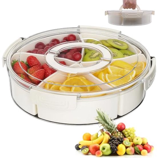 Snack Box Gedeeld dienblad, draagbare snackborden, fruitbewaardoos met 3 vakken, transparante voedselcontainer, snackbox met deksel en handvat voor snoep, fruit en noten
