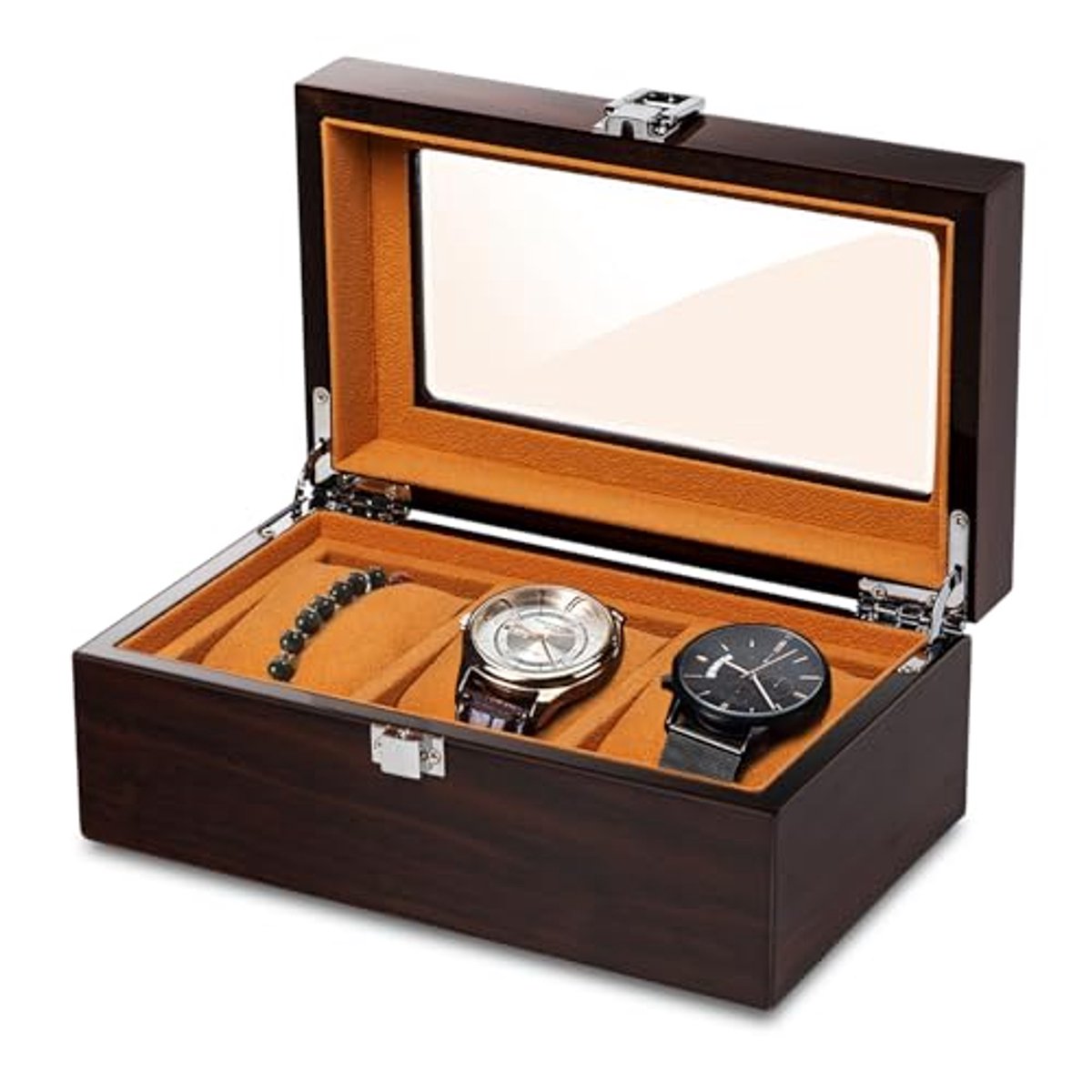 Watch box voor 3 horloges met glazen deksel en 3 afneembare horhouder, display opslag en organizer