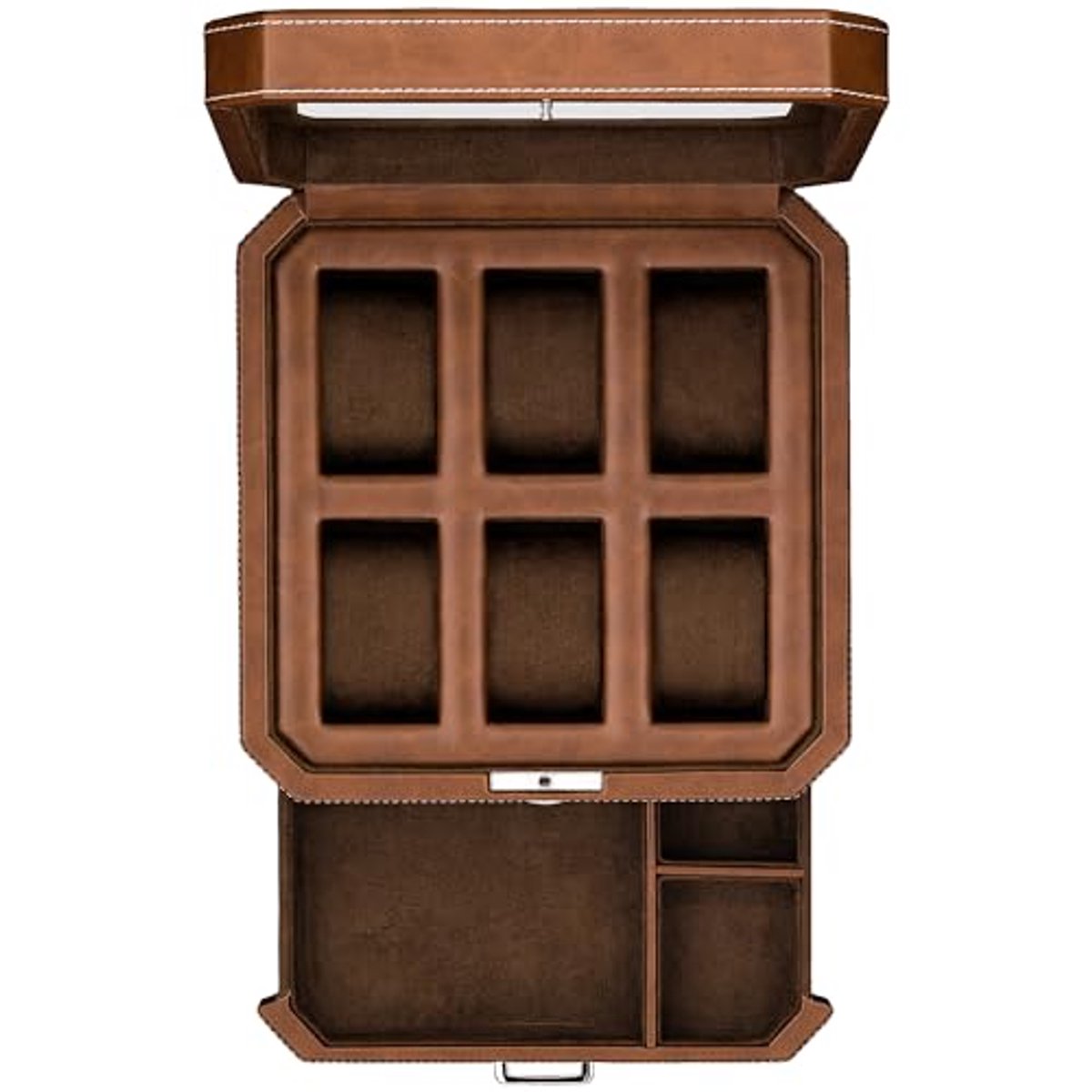 Luxe Leren Horloge Doos met 6 Slots en Valet Tray - Glasplaat en Bruin