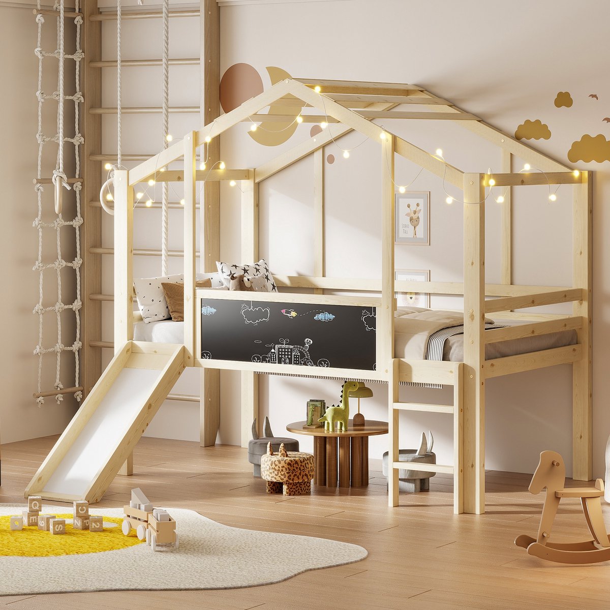 Sweiko Halfhoogslaper - 90 x 200 cm - Kinderbed - Met glijbaan - Graffitibord - Natuurlijke