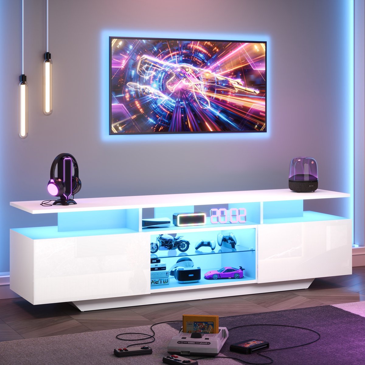 Sweiko TV-kast - 160*40*45 cm - LED-verlichting - Hoogglans - Open planken - MDF - Wit