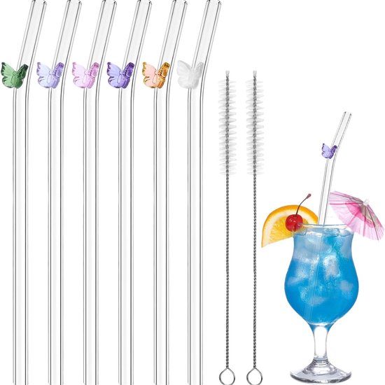 HALM glazen rietjes herbruikbaar drinkrietje - 6 stuks gebogen 30 cm voor Stanley Cup Quencher Tumbler plasticvrije schoonmaakborstel