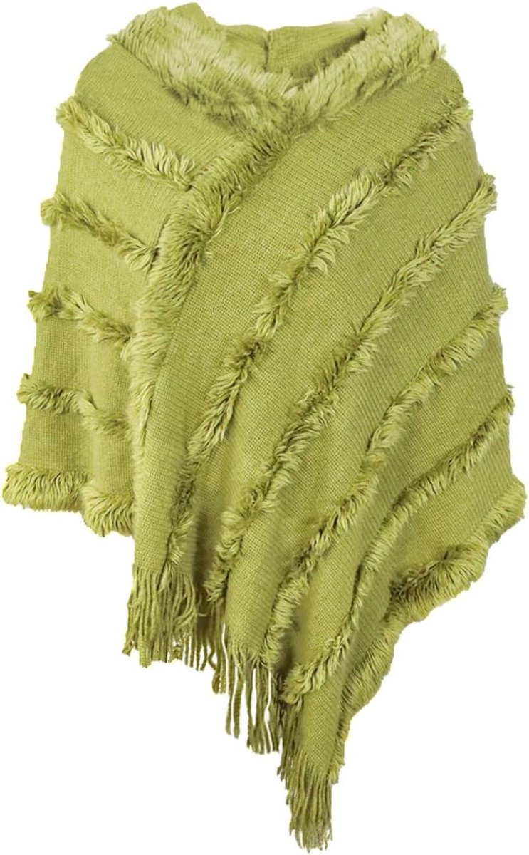 Gebreide poncho met franjes voor dames, capuchon, sjaal, cape, poncho, cape met capuchon, gehaakt, pluche, gestreept en flanel, modieuze cape, gebreide poncho met franjes voor dames - Kaki