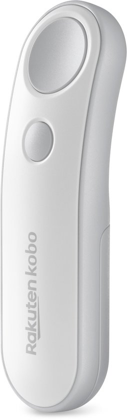 Zijaanzicht van een witte Kobo afstandsbediening met de tekst 'Rakuten Kobo'.