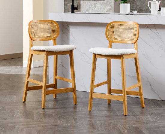 Chairus - Set de 2 Tabourets de bar en fausse fourrure, Béquilles de petit-déjeuner pour comptoir de Cuisine avec dossier en rotin, Chaises de bar îlot en bois Massief