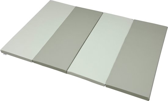 Opvouwbare speelmat in beige en grijs, deels uitgevouwen.