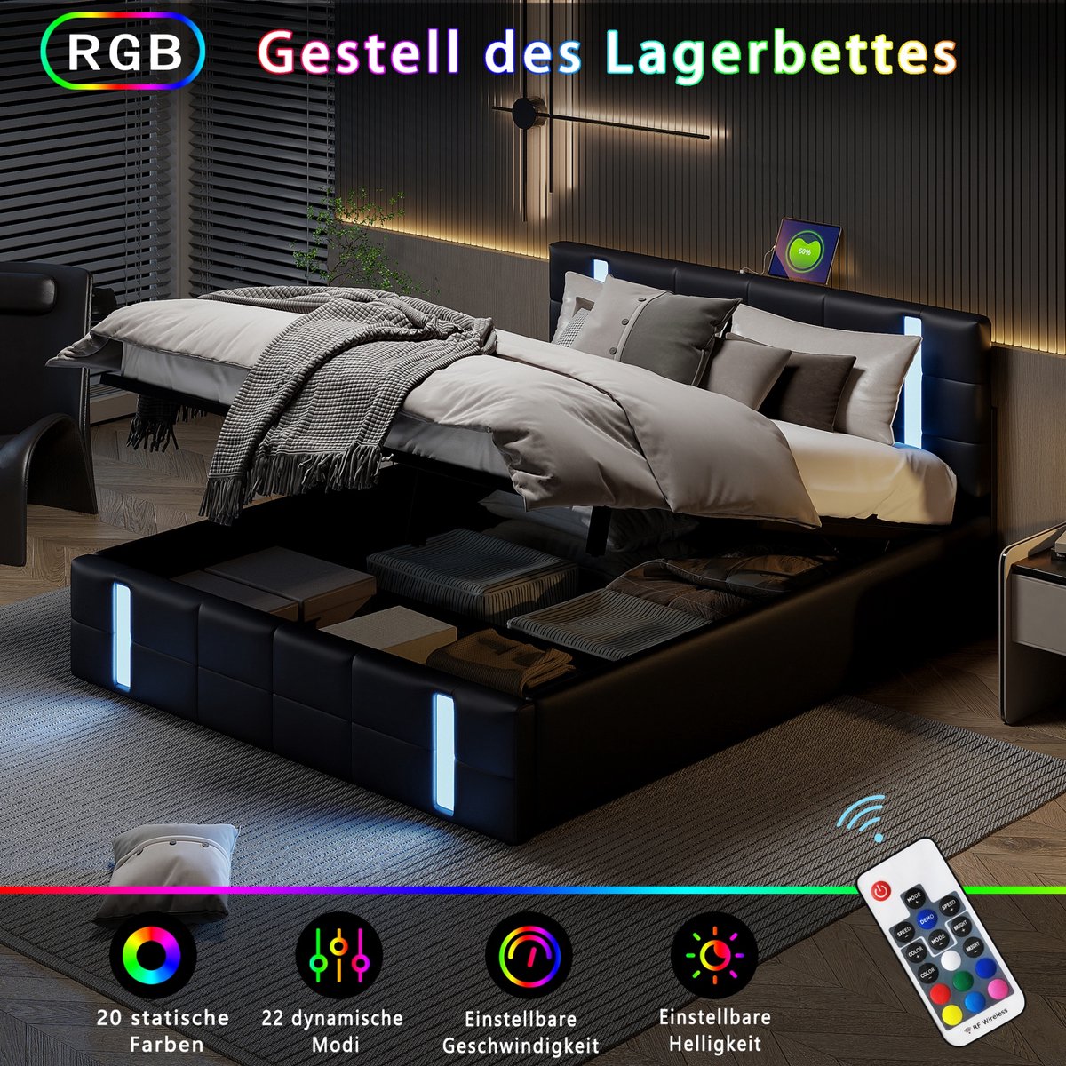 Modern tweepersoonsbed, zwart lederen gestoffeerd bed, 140x200cm modern LED tweepersoonsbed met USB-oplaadpoorten, hydraulisch bedframe, zonder matras (splitsen voor 2 pakketten voor verzending)