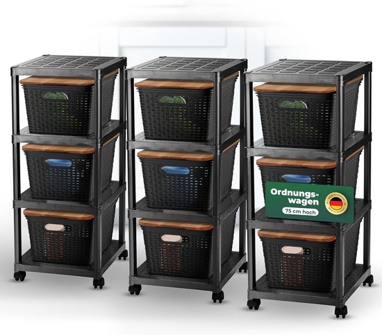 deluxe4home® Rolwagen, vierkant, met 4 niveaus, roosterwagen, keukenwagen, opbergwagen, fruitwagen, zwart