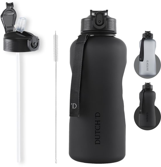 Dutch'D ® - 2 liter Drinkfles - Drinkfles met rietje - Waterfles - Zwart - Drinkfles Volwassenen - Lek Vrij - Cadeau voor haar/hem - Verschillende Drinkflessen en waterflessen - Drinkbeker - Sportfles - Drinkbus - 2,2 Liter