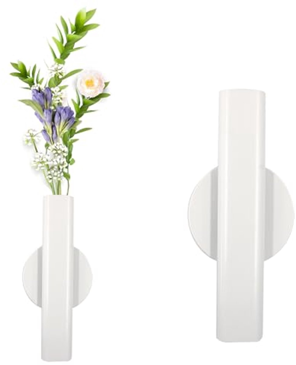 Wandbloemenbuis 16cm - Wandmontage, Zelfklevende Bloemenvase - Decoratieve Houder voor Bloemenaankleding - Set van 2 (Wit)