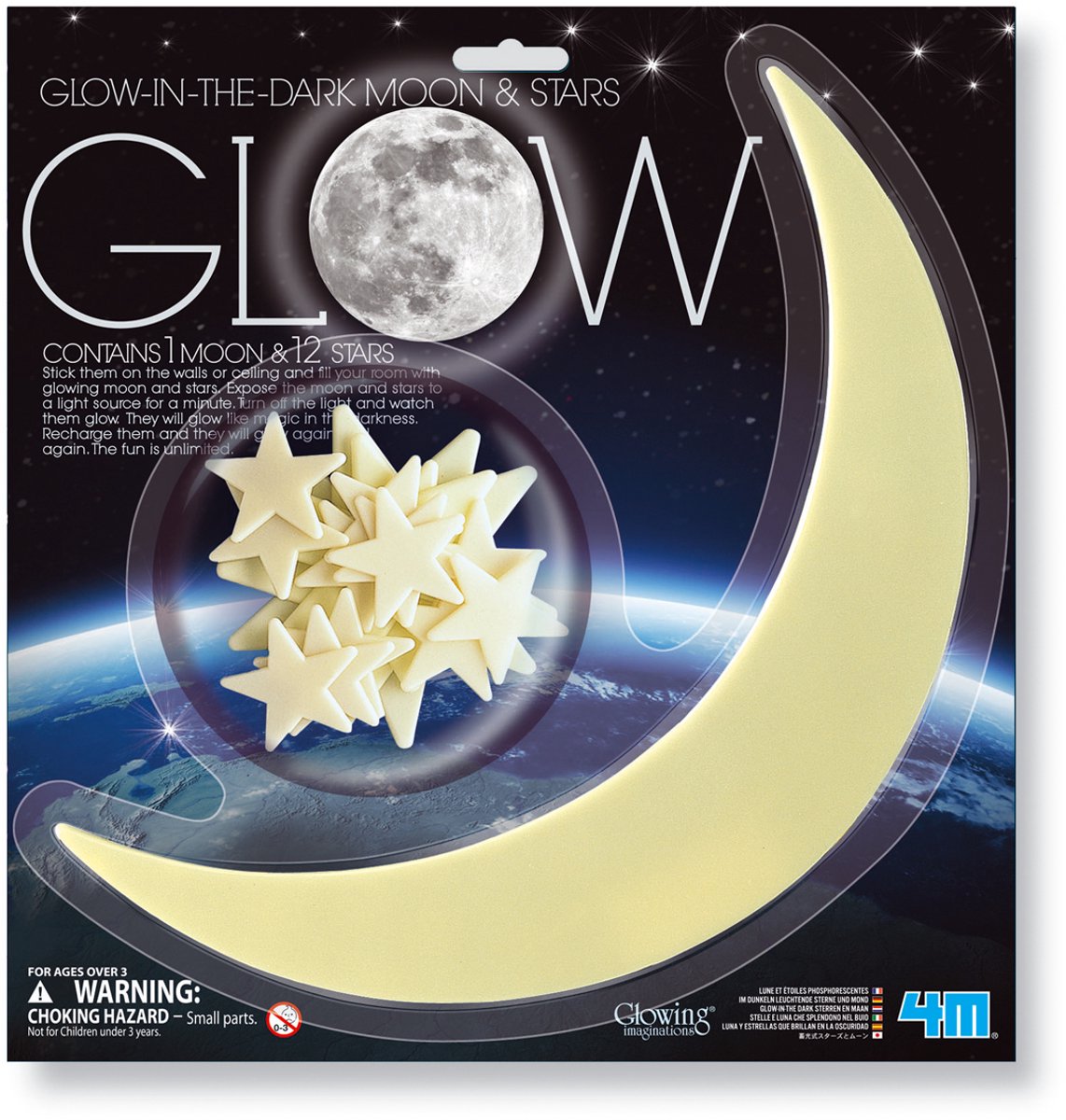 4M glow in the dark stickers - maan en sterren - 12 sterren - 3 formaten - muurdecoratie kids - 3+ afbeelding