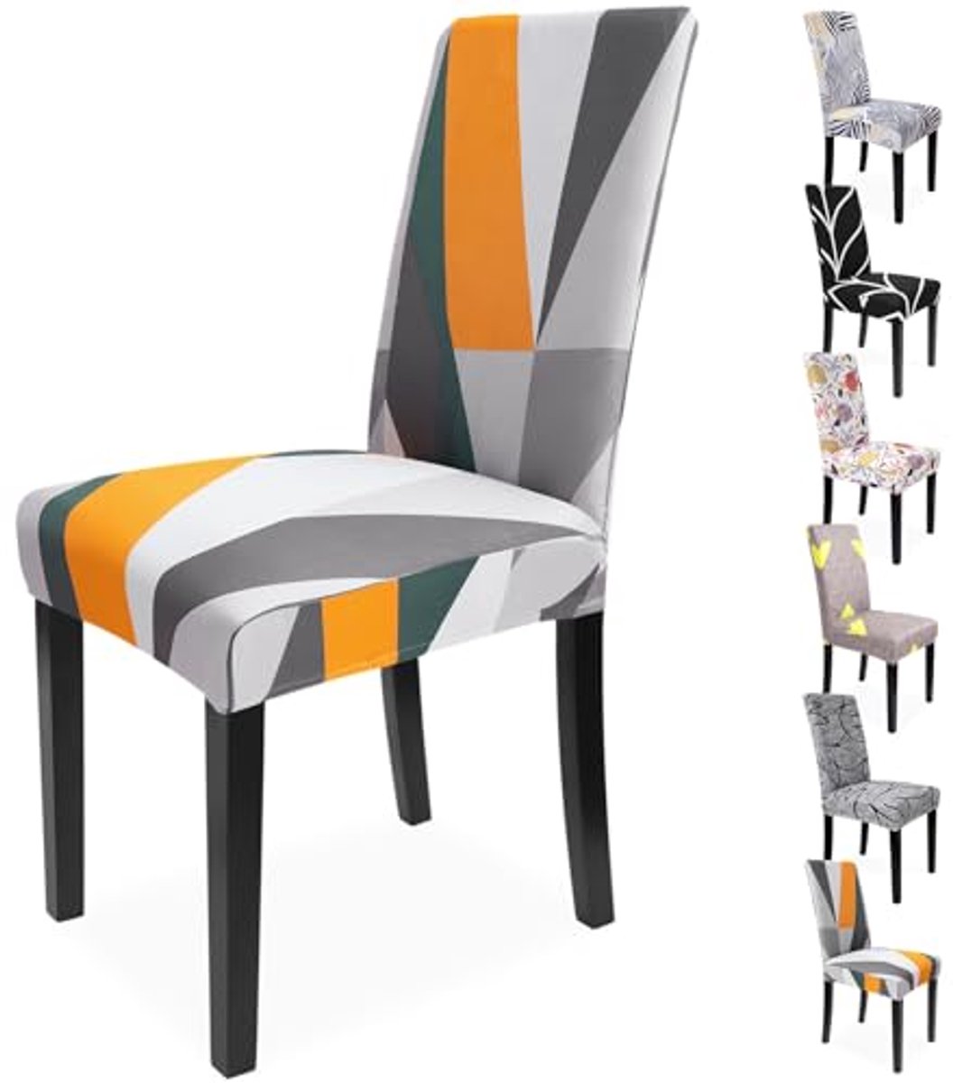 Set van 4 grote stretch stoelhoezen met modern geometrisch patroon in oranje en wit - afneembaar en wasbaar