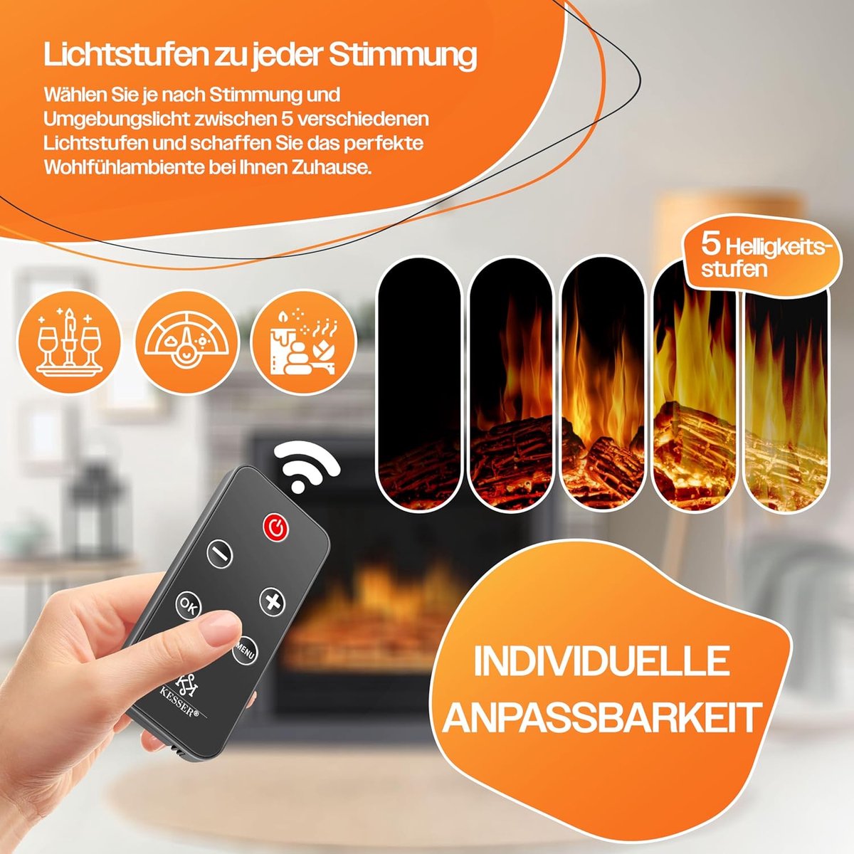 Elektrische open haard Ganeey® 3D-vlameffect met verwarming 1800W – vrijstaande elektrische haard met thermostaat, timer, afstandsbediening, dimbaar LED-licht, houtdesign natuur/bruin, modern sfeerhaard voor woonkamer