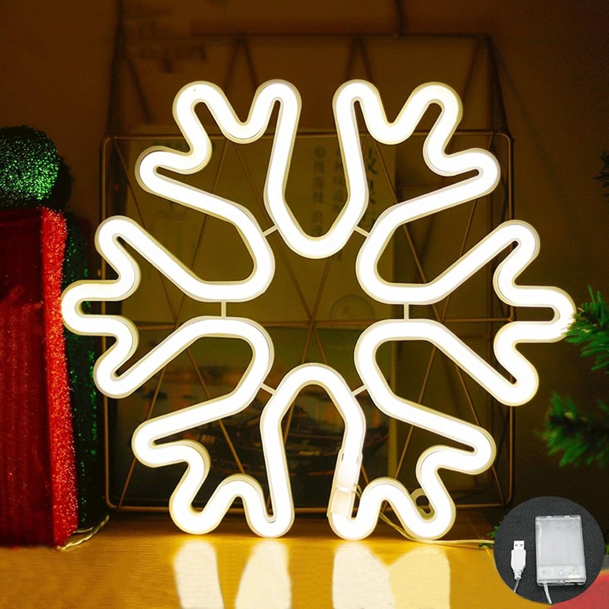 Daity Neonbord voor aan de muur, kerstdecoratie voor aan de slaapkamermuur, neonbord op USB of batterijen, geschikt voor kinderkamer, cadeau, feest, verjaardag, Kerstmis, bruiloft, bar (kerst sneeuwvlok) - Batterijen niet inbegrepen