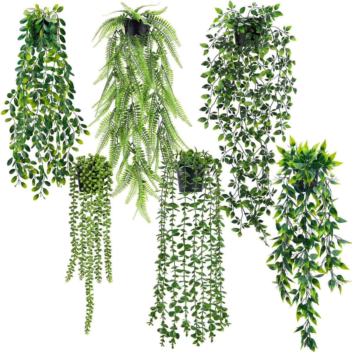 Ibenzoa Set van 6 levensechte hangplanten voor binnen- en buitendecoratie Groen