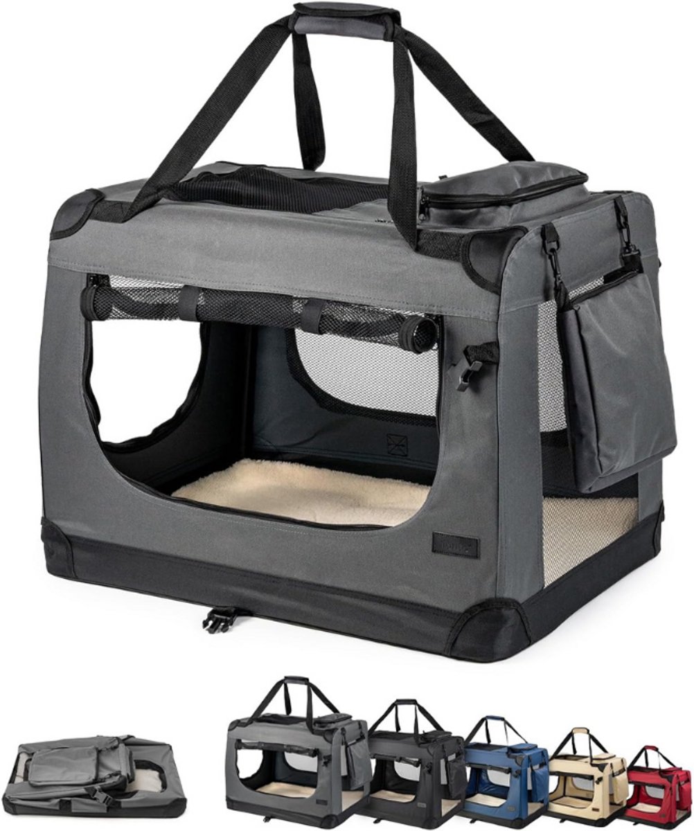 Opvouwbare Honden Transportbox 82x58x58 cm - Duurzame Draagbare Hondenbox Voor Auto En Reizen - Met Handgrepen En Deken - Geschikt Voor Huisdieren Tot 18 kg - Grijs