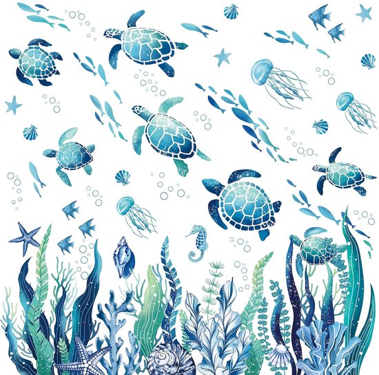 thumbnail: Walvissen Onder De Zee Muurstickers – Set Met Zeeschildpad, Dolfijn, Kwal En Koraal | Zelfklevende Vinyl Stickers Voor Kinderkamer