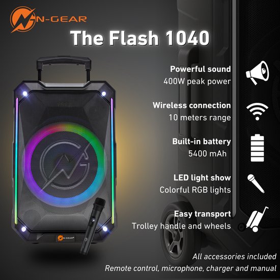 N-GEAR THE FLASH 1040 - Bluetooth Karaoke Speaker - 10 Inch Woofer - Discolicht - Draadloze Microfoon - Krachtige party speaker met lichtshow en TWS - 400w — afbeelding 4