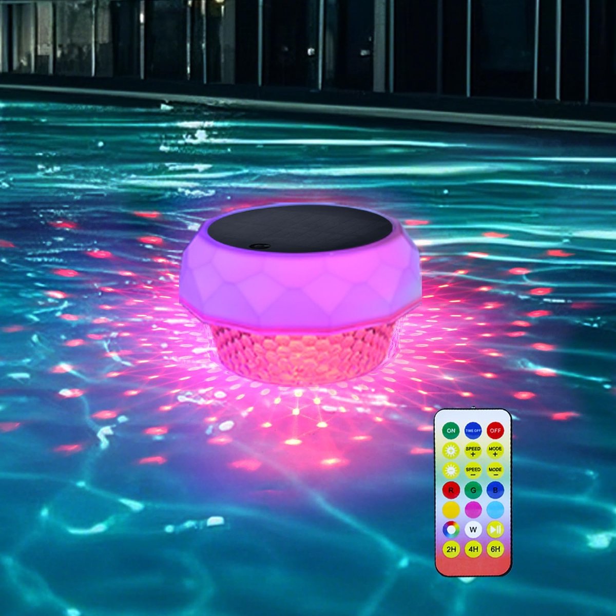 Solar Zwembadlamp met Afstandsbediening – IP68 Waterdicht, RGB LED Drijvende Verlichting met 7 Kleuren en Dynamische Modi, Oplaadbaar via Zonne-energie, 1200 mAh Batterij, Voor Zwembad, Vijver en Tuin