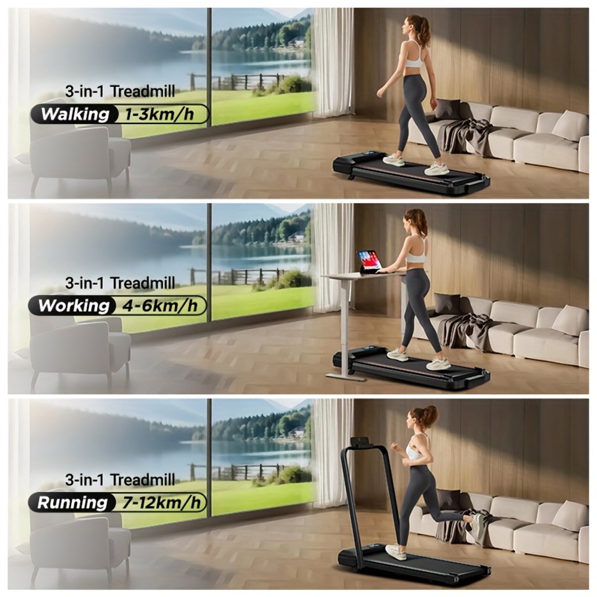 Afbeelding 3 van UMAY Elektrische loopband - Met 9% Hellingsfunctie - Opvouwbare loopband voor thuis tot 12 km/u-met LED-display, APP, helling, afstandstandsbediening en 360° tablethouder-compact loopkussen voor thuis en op kantoor