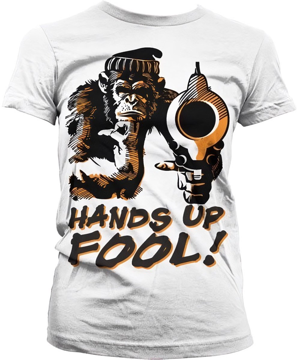 Dames Fun Tshirt -M- Hands Up Fool! Wit