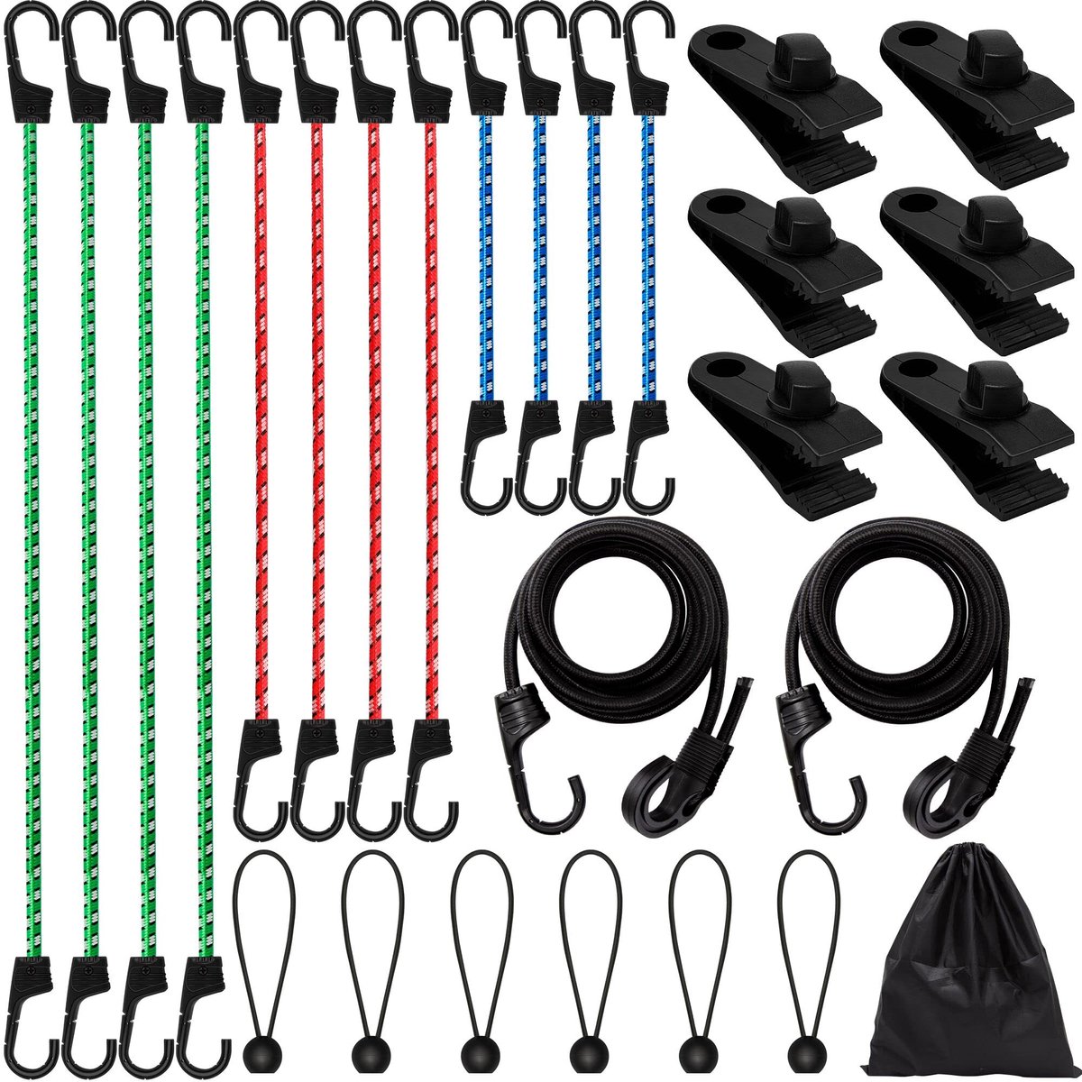 Set Spanrubbers & Zeilspanners - Met haken en ballen, 8mm dik, in 4 maten - Voor bagage, fiets, motor en zeilen - Meerkleurig, 26 stuks
