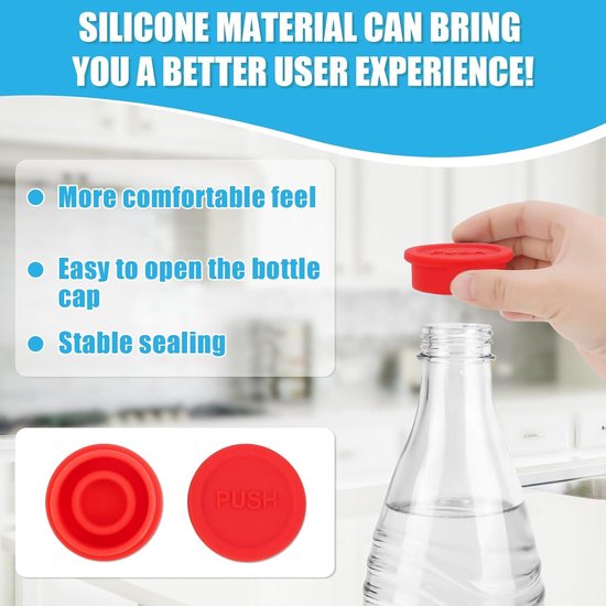Allecto plus - Siliconen Afsluitdoppen voor Frisdrankflessen - Set van 4 - Herbruikbaar - Geschikt voor Sodastream Glazen Fles - Rood, Roze, Blauw, Wit - 76 characters — afbeelding 5
