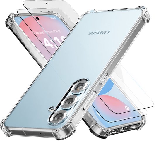 Coque de téléphone transparente avec bord surélevé et deux protecteurs d'écran, exposée sur fond blanc.