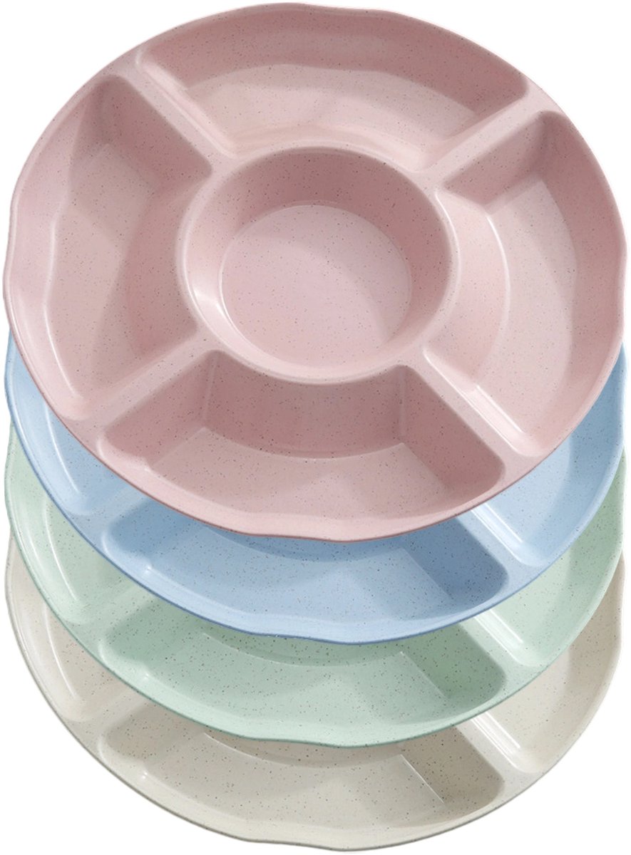 longziming Snackbord Set van 4 – 30 cm – 5 Compartimenten – Gekleurde Ronde Snackkommen – Familie en Feestjes – voor snoep,noten, gedroogd
