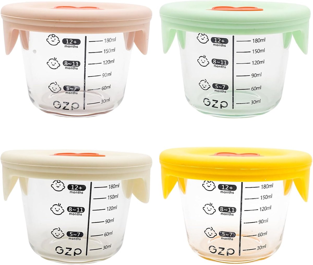 Image of 4 pieces baby porridge container - 180 ml glass freezing - with measuring scale - silicone lid for storing baby food and fruit
