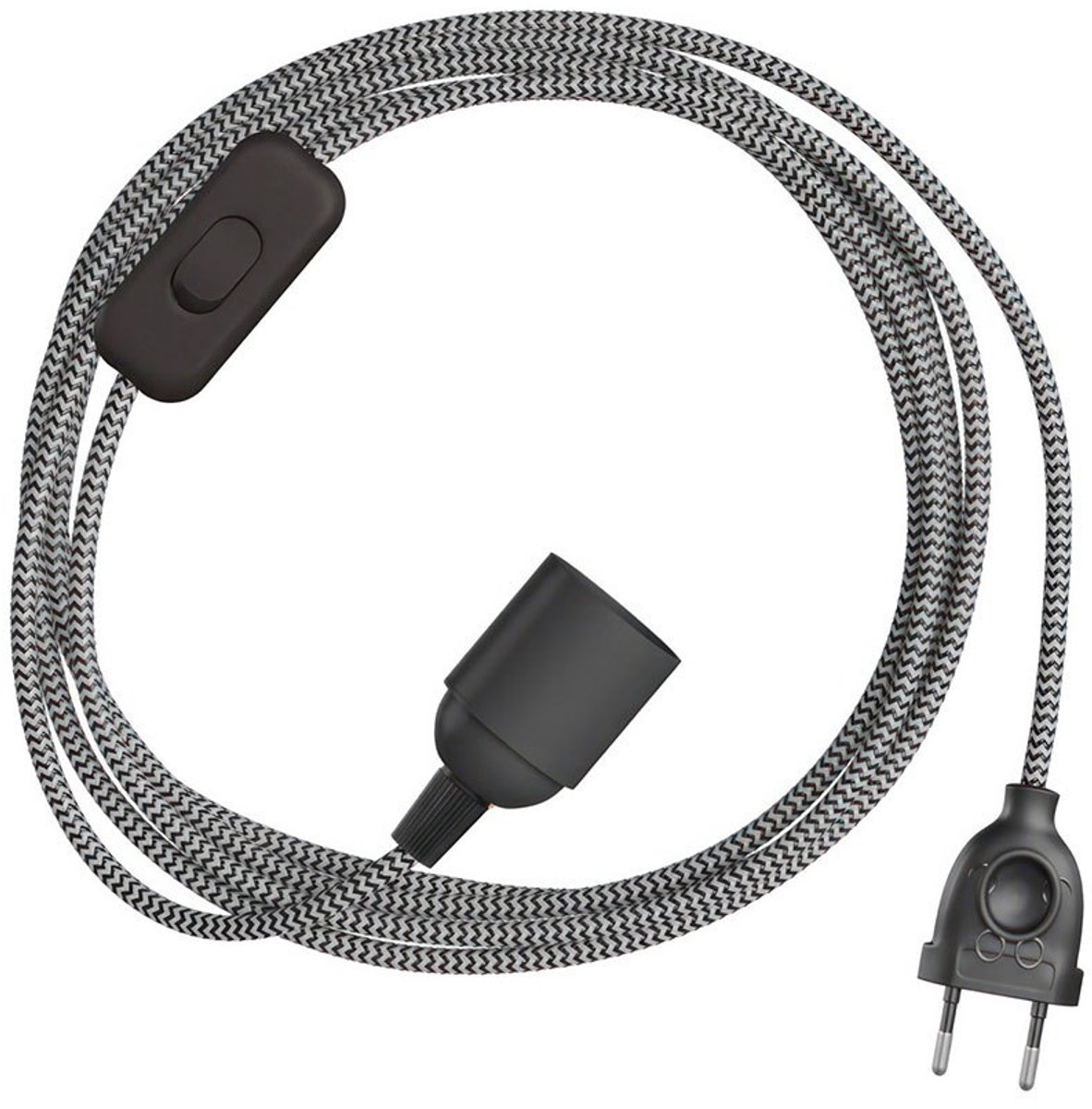 Creative Cables Snakebis Zig-zag E27 Kabelset Met Lamphouder. Zigzag-snoer Van Stof En Stekker Met Twee Pinnen 3 M Zilver