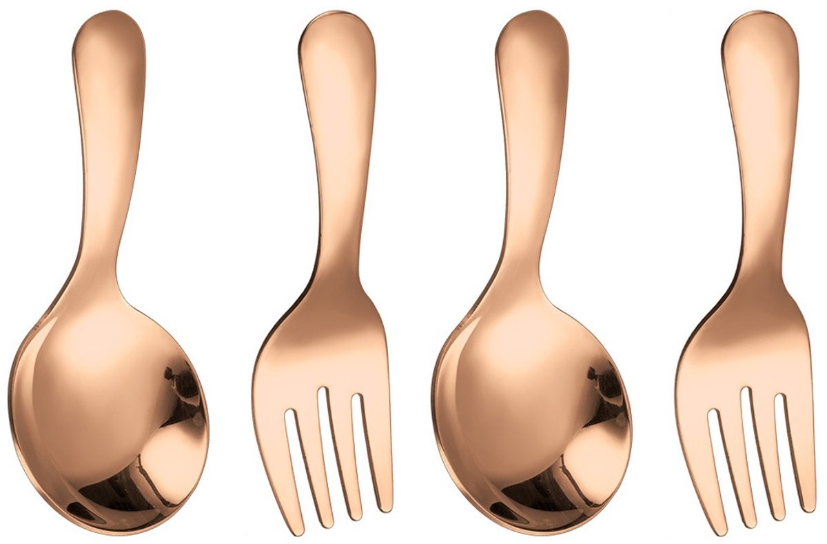 QTTVBTNA 4-delige herbruikbare bestekset - korte steel lepels en vorken - roestvrij staal - dessert, yoghurt, pasta, salade - geschikt voor kinderen en volwassenen - Roségoud